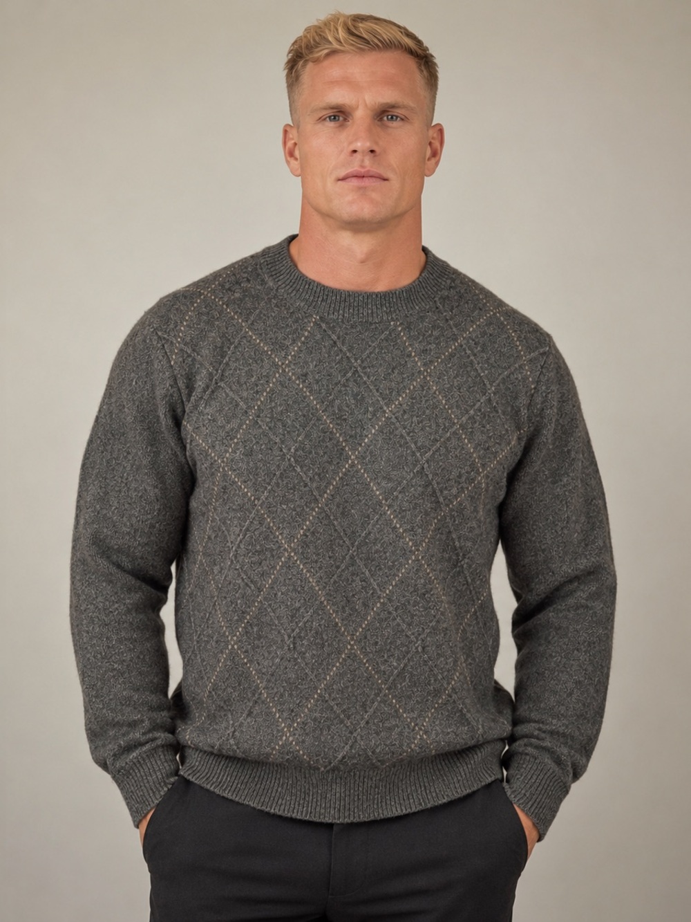 Pure Cashmere 100% Cashmere Argyle Sweater Gray Mens XXL Soft Luxury